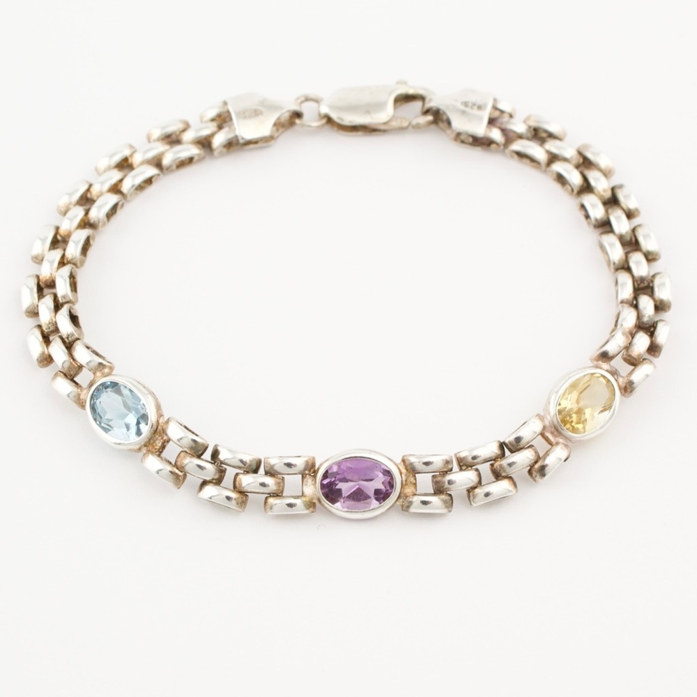 Vintage Sterling Silver Panther Link Bracelet with Amethyst, Blue Topaz, Citrine